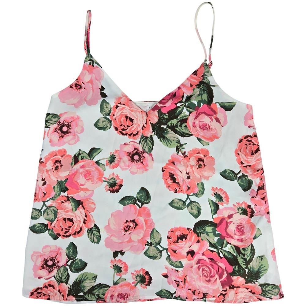 Socialite XS Atlas Floral Cami Tank Top Sleeveless V Neck Pink Roses Made in USA